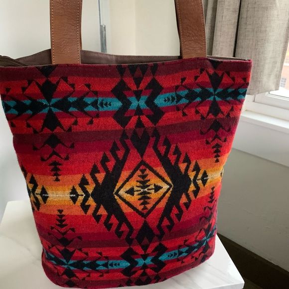 PENDLETON WOOL red orange Aztec large tote bag - Picture 4 of 10